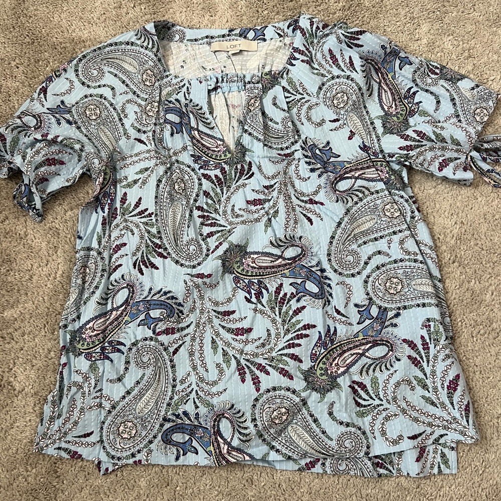 LOFT Light Blue Paisley Tie-Sleeve Top with Navy & Burgundy Accents